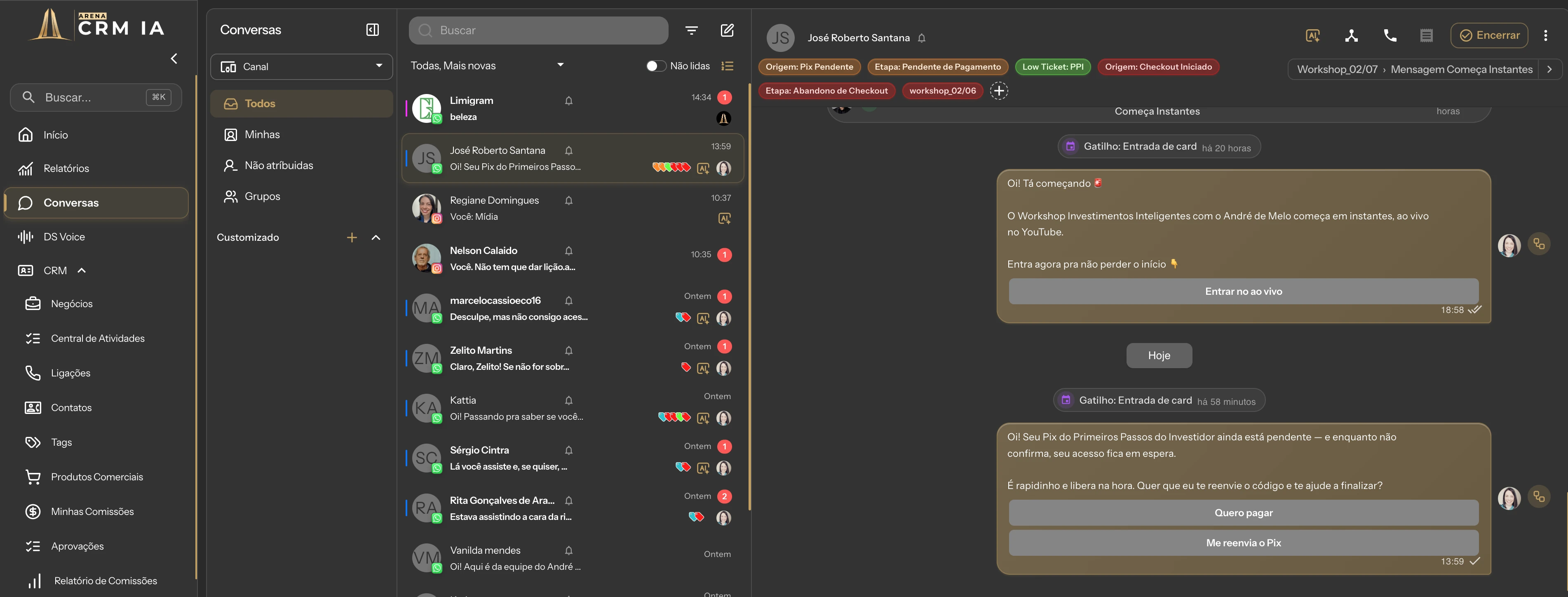 Arena CRM com IA atendendo, qualificando e organizando leads no WhatsApp em tempo real